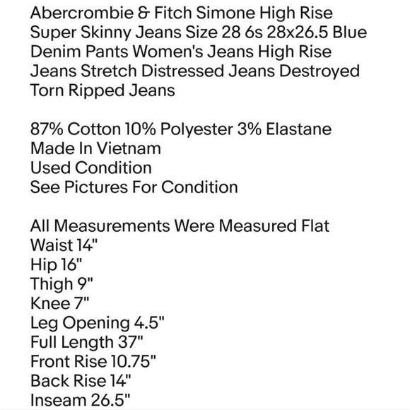 Abercrombie & Fitch Simone High Rise Super Skinny Jeans Size 28 6s 28x26.5 Blue - Picture 6 of 6